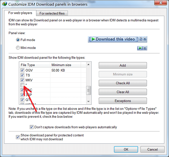 Do not forget to disable * file type for IDM video download panel